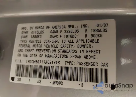 2007 Honda Accord 2.4 Ex from USA, damaged, VIN 1HGCM56717A091918